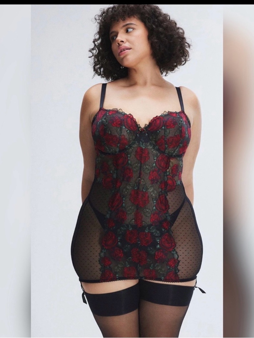 Savage X Fenty Black Mesh Chemise with Red Rose Embroidery